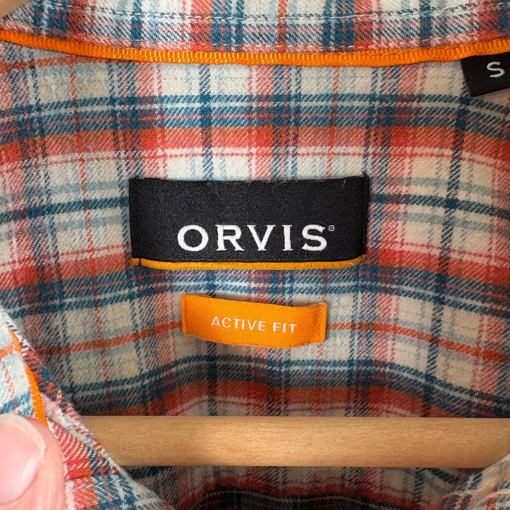 Orvis Active Fit Flannel Shirt Men's S Orange Teal Plaid Utility Gorpcore Rugged - Picture 2 of 9